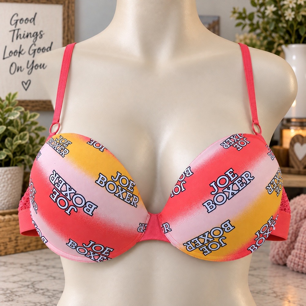 Joe Boxer Womens 34B Ombre Logo Push Up Bra Front Closure Lace Cage Back Pink